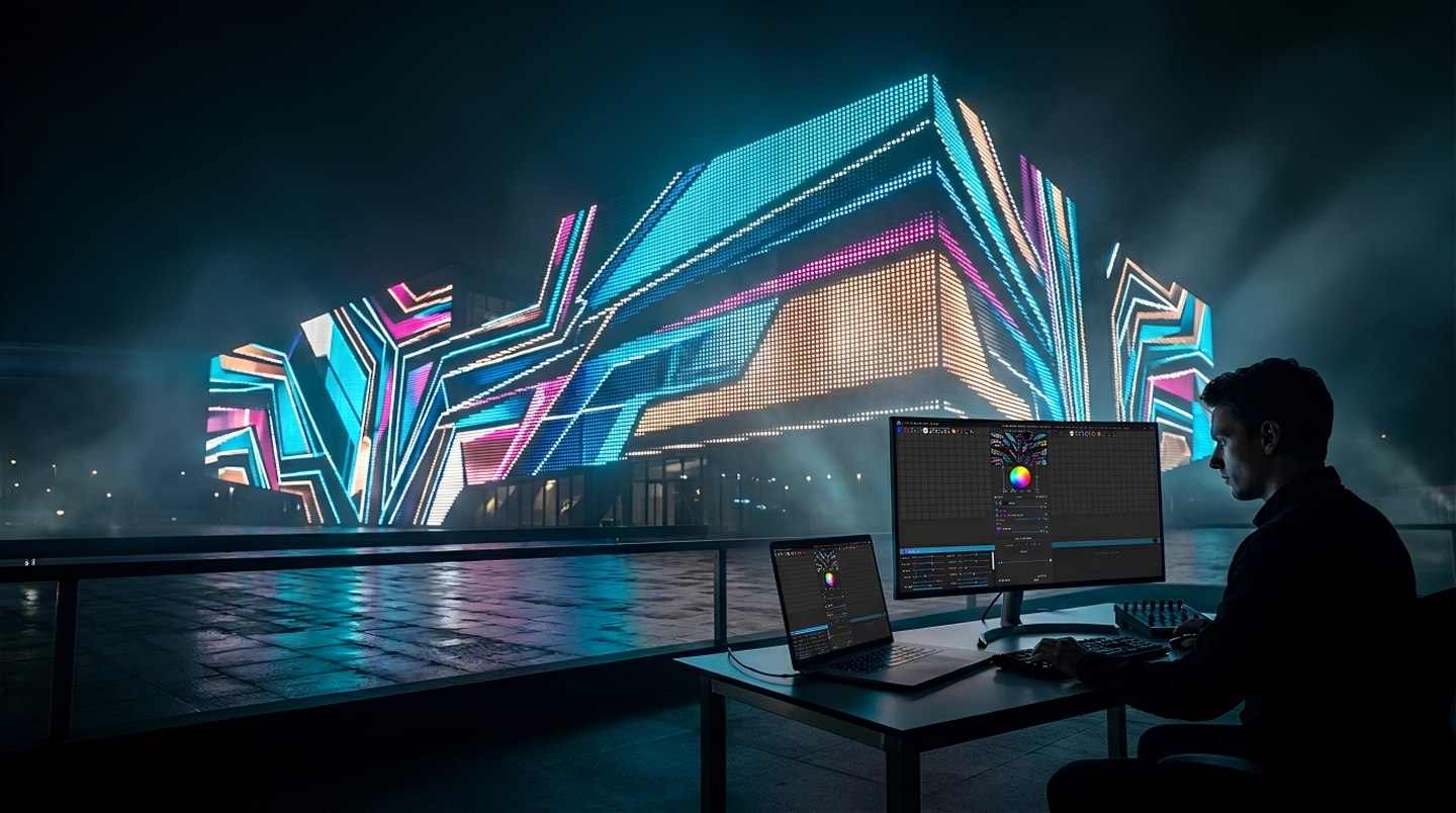 A building facade lit with a pixel-mapped light show created in ELM