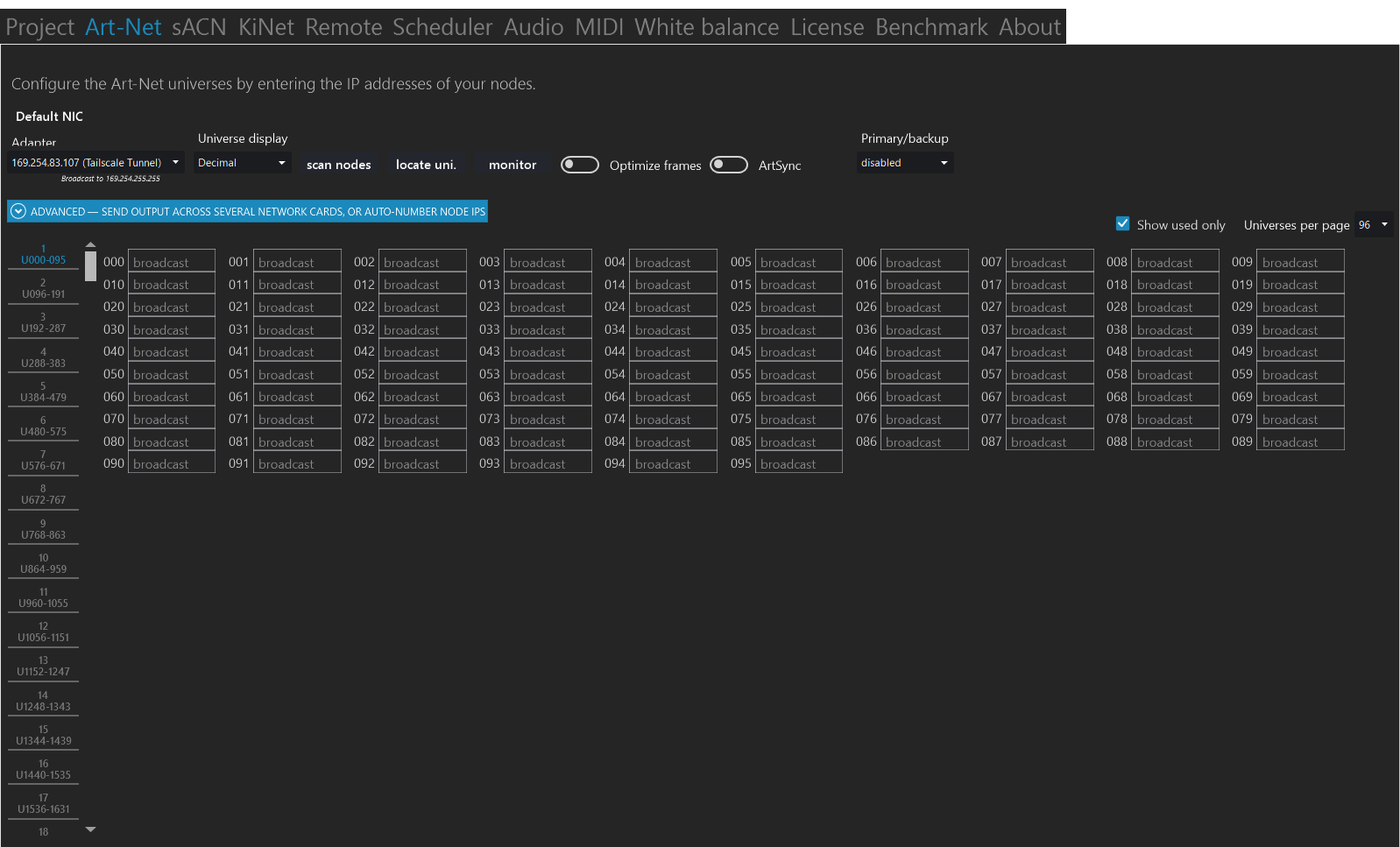 ELM 2026 — Art-Net output, universe scale and multi-NIC assignment